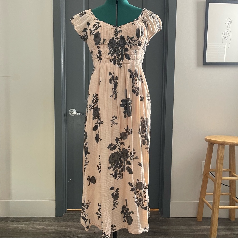 Free People Open Back Floral Midi Dress – Light Pink & Black – Cottagecore